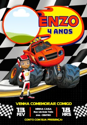 Convite de Aniversário Blaze e Monster Machines com Foto para Editar