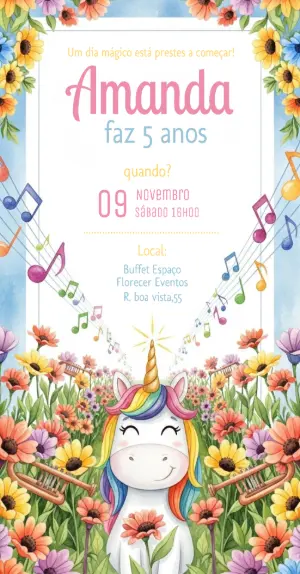 Convite Aniversário Unicórnio Musical para Editar Online