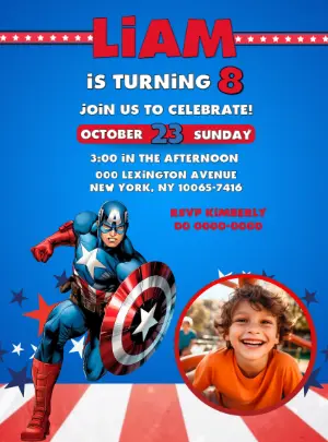 Captain America Birthday Invitation Editable Template with photo