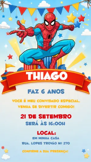 Convite de Aniversário Homem-Aranha para Editar Online