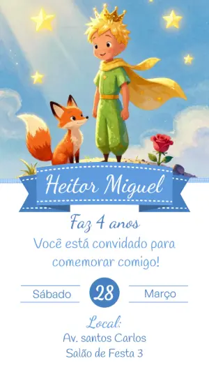 Convite de Aniversário Pequeno Príncipe Aquarela Editável