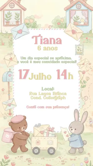 Convite de Aniversário Ursinho Carteiro Estilo Fofo para Editar