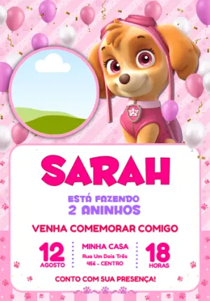 Convite de Aniversário Skye Patrulha Canina Rosa para Editar