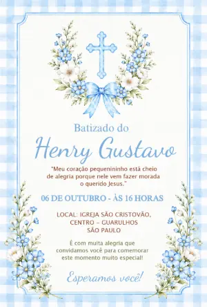 Convite de Batizado Menino Floral Azul para Editar Online