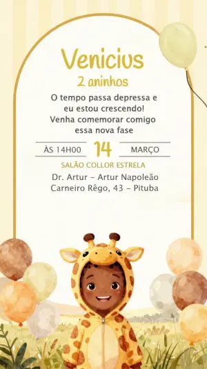 Convite de Aniversário Infantil Girafinha para Editar Online