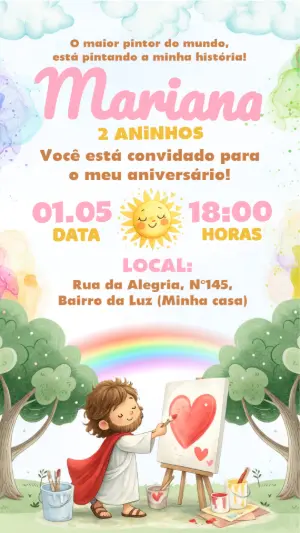 Convite de Aniversário Infantil Jesus Pintor Aquarela Editável