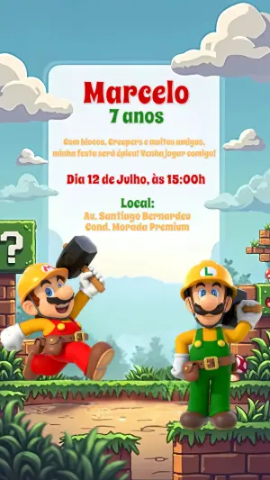Convite Aniversário Mario Bros Construtor para Editar Online