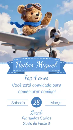 Convite de Aniversário Urso Aviador Fofo para Editar