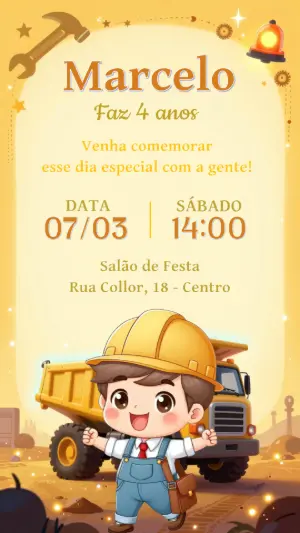 Convite de Aniversário Construtor Fofo para Editar Online