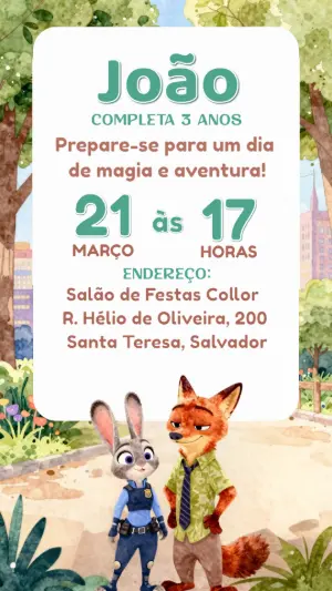 Convite de Aniversário Zootopia Editável com Tema de Aventura