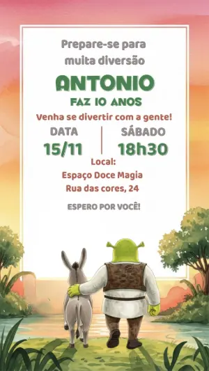 Convite de Aniversário Shrek para Editar Online