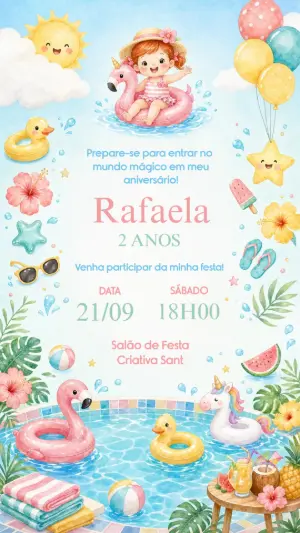 Convite de Aniversário Festa na Piscina Aquarela Editável
