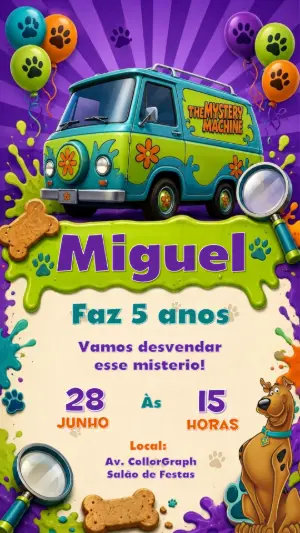 Convite de Aniversário Scooby-Doo Divertido para Editar