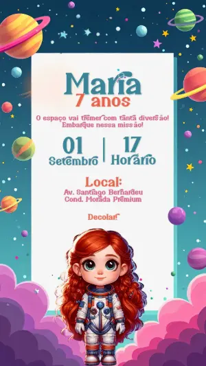 Convite de Aniversário Astronauta Menina para Editar Online