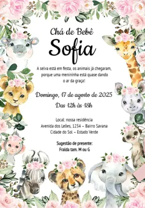 Convite Chá de Bebê Safari Floral Menina para Editar Online