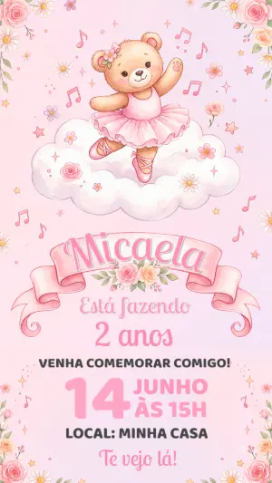 Convite Aniversário Ursinha Bailarina Aquarela Editável