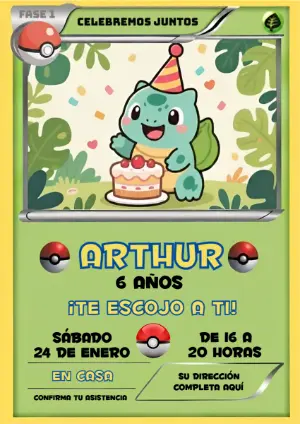 Invitación de Cumpleaños Pokémon Bulbasaur Estilo Carta Editable