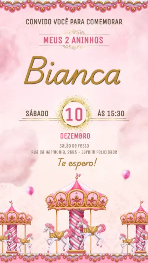Convite Aniversário Carrossel Rosa para Editar Online
