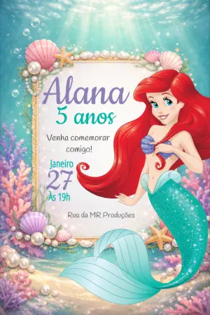 Convite Aniversário Infantil Pequena Sereia Modelo Editável