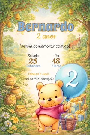 Convite Digital Infantil Ursinho Pooh Fofo para Editar