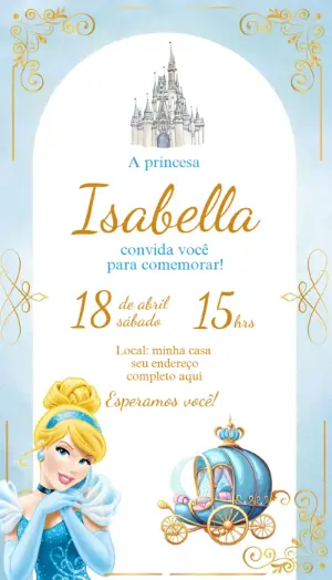 Convite de Aniversário Cinderela: Modelo Digital para Editar