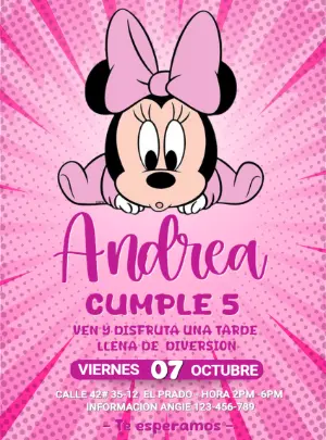 Invitación de Cumpleaños Minnie Mouse Rosa para Editar