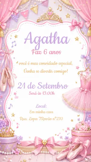 Convite Aniversário Bailarina Rosa e Lilás para Editar