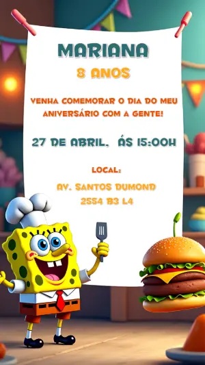Convite de Aniversário Bob Esponja para Editar Online e Enviar