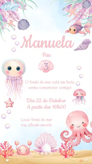 Convite de Aniversário Fundo do Mar Menina para Editar