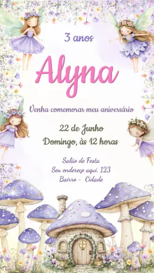 Convite de Aniversário Infantil Fada Lilás Aquarela Editável