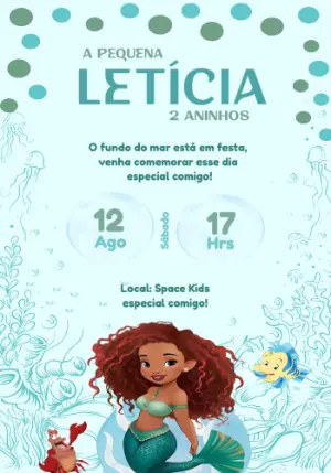 Convite de Aniversário Pequena Sereia Ariel para Editar