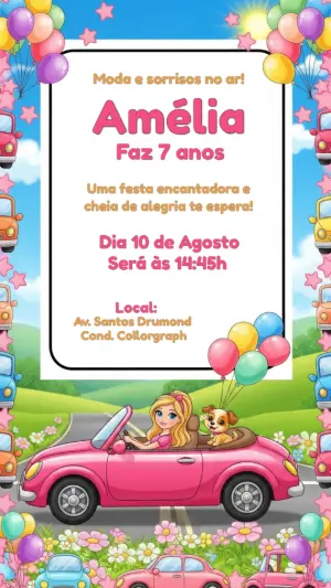 Convite Aniversário Polly Pocket com Carro Rosa para Editar Online