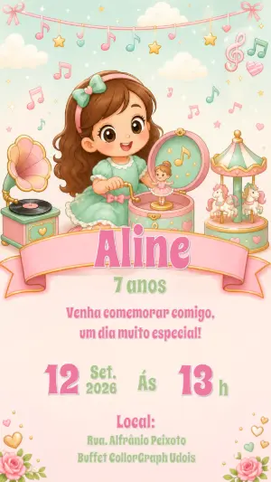 Convite Aniversário Caixinha de Música Menina Editável