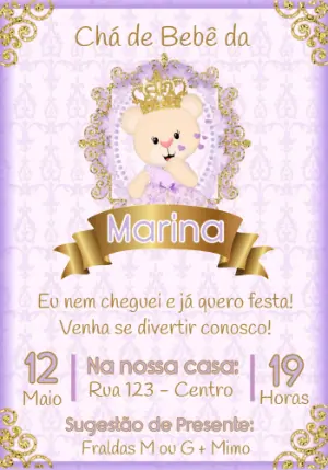 Convite Chá de Bebê Ursinha Princesa Lilás e Dourado Editável
