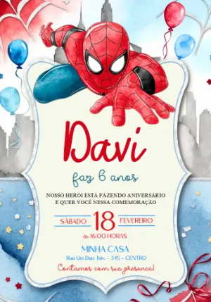 Convite de Aniversário Homem Aranha Aquarela Editável