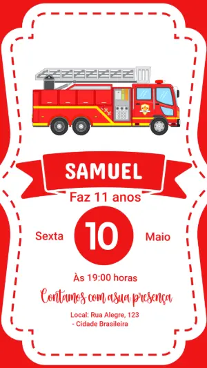 Convite de Aniversário Bombeiro com Caminhão para Editar