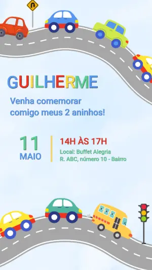 Convite de Aniversário Infantil Tema Carros Colorido para Editar