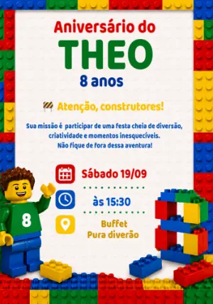 Convite de Aniversário Lego para Editar