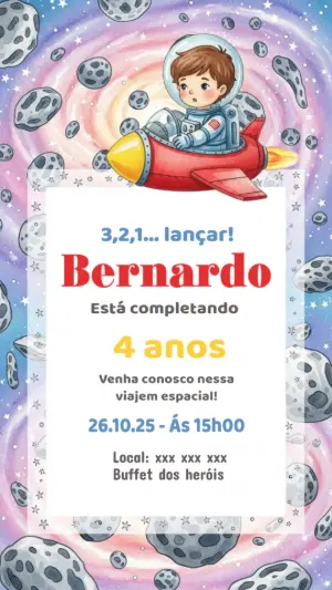 Convite de Aniversário Astronauta no Espaço para Editar Online
