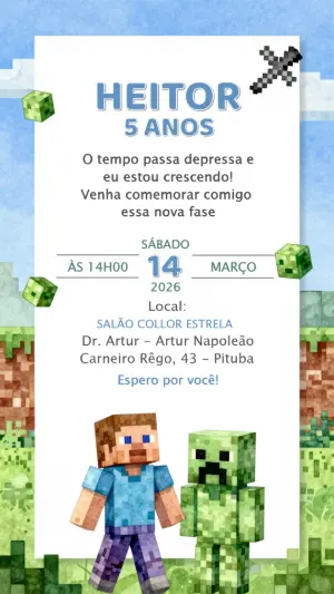 Convite de Aniversário Minecraft Pixelado para Editar Online