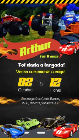Convite Animado Aniversário Hot Wheels para Editar Online