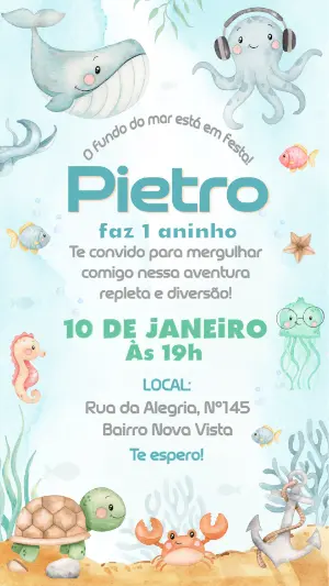 Convite de Aniversário Fundo do Mar Aquarela para Editar