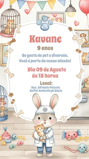 Convite Aniversário Veterinária com Animais Fofos para Editar