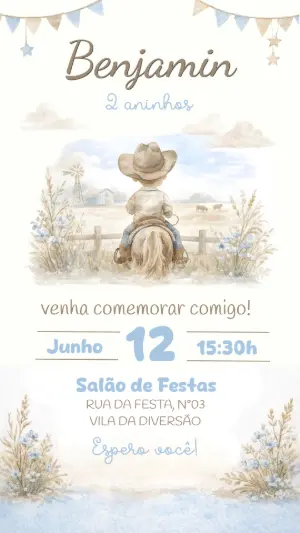 Convite Aniversário Infantil Cowboy Aquarela Modelo Editável
