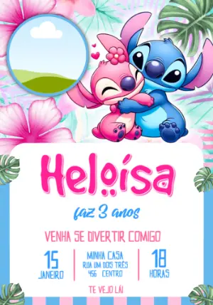 Convite de Aniversário Stitch e Angel com foto