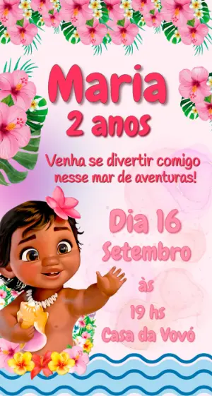 Convite de Aniversário Moana Baby Tropical para Editar Online