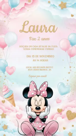 Convite Aniversário Minnie Mouse Rosa nas Nuvens para Editar