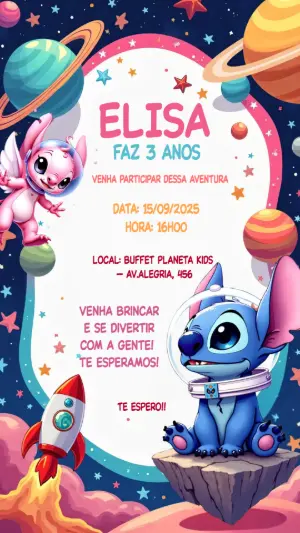 Invitación de cumpleaños Stitch – Estático – Convites Digitais Exclusivos
