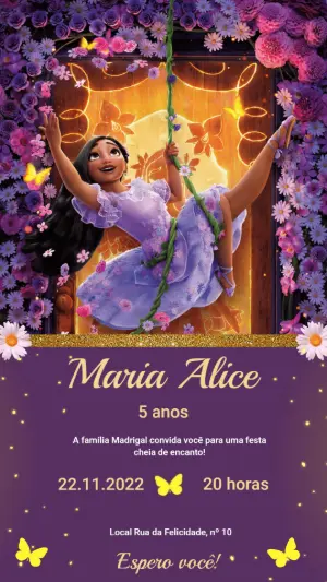 Convite Digital Aniversário Encanto Roxo e Floral Editável