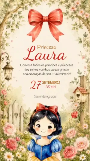 Convite Animado Branca de Neve Aquarela para Editar